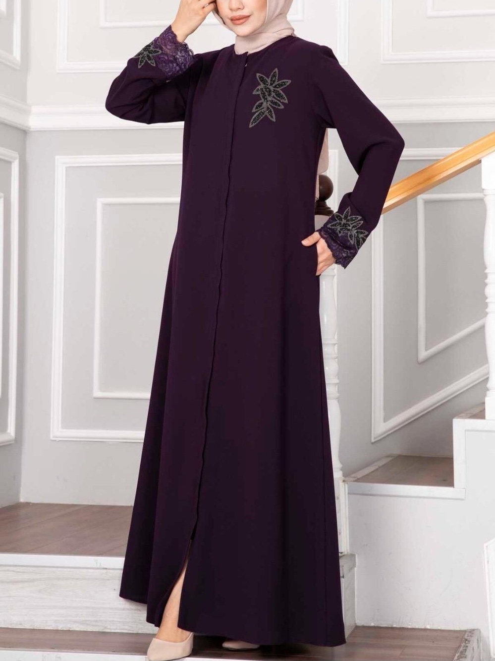Modest ABAYA -Floral Detail Lace Modest Abaya NWT Purple XL - Picture 3 of 8